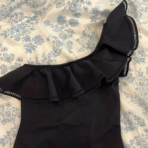 Mouille Swim EUC One Piece Women 4 Small Black Ruffle One Shoulder Bathing Suit